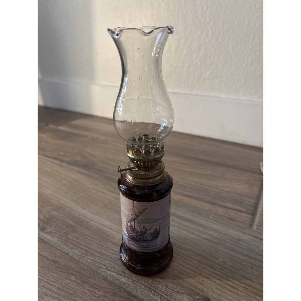 Vintage 9 inch Amber Bottle Oil Lamp Religious Jesus Walks on Water 2C
